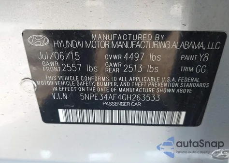 2016 Hyundai Sonata Sport z USA, uszkodzony, nr VIN 5NPE34AF4GH263533